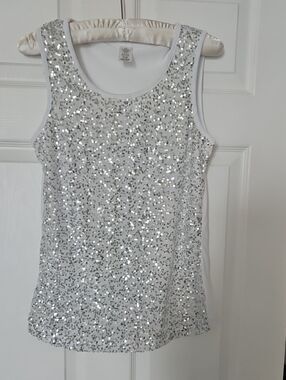 White Sequin Tank Top - Sparkle Scoop Neck for Women